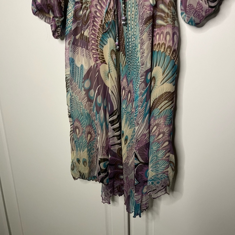 Vintage Tricia Fix 100% Silk Peacock Print Dress | Made in USA - Picture 4 of 13